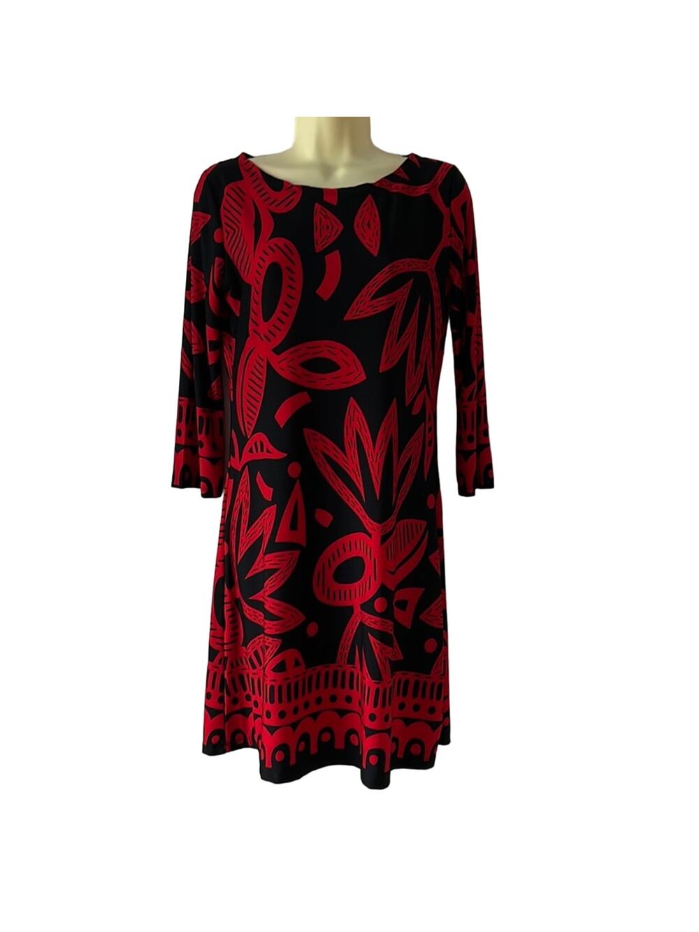 MT Collection Black & Red Print Knit Dress Woman's Size Small Retro Artsy Y2K